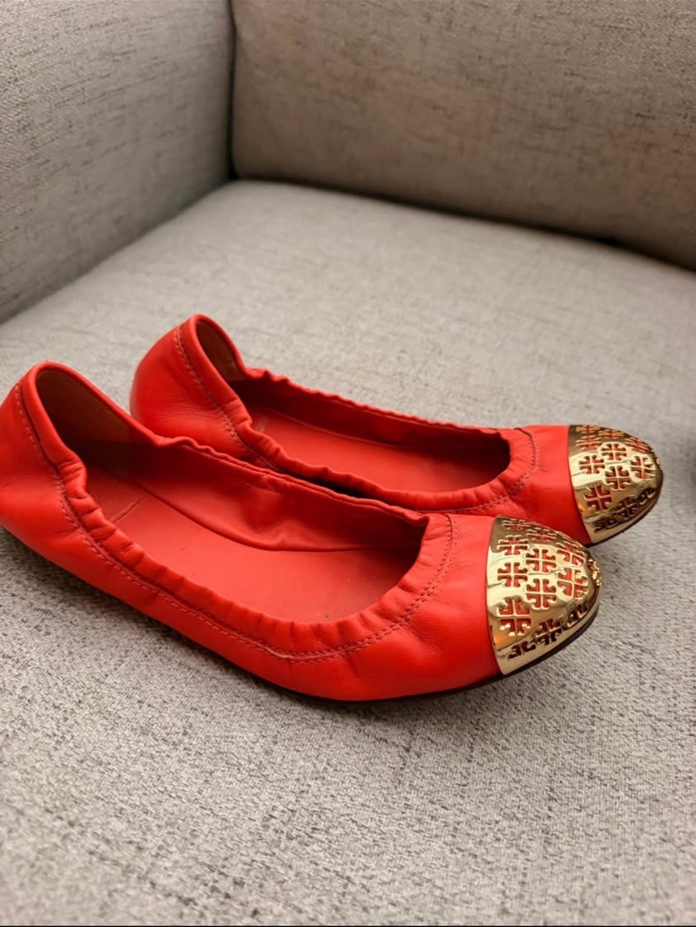 Tory Burch Red Leather Ballet Flats with Gold Logo Cap